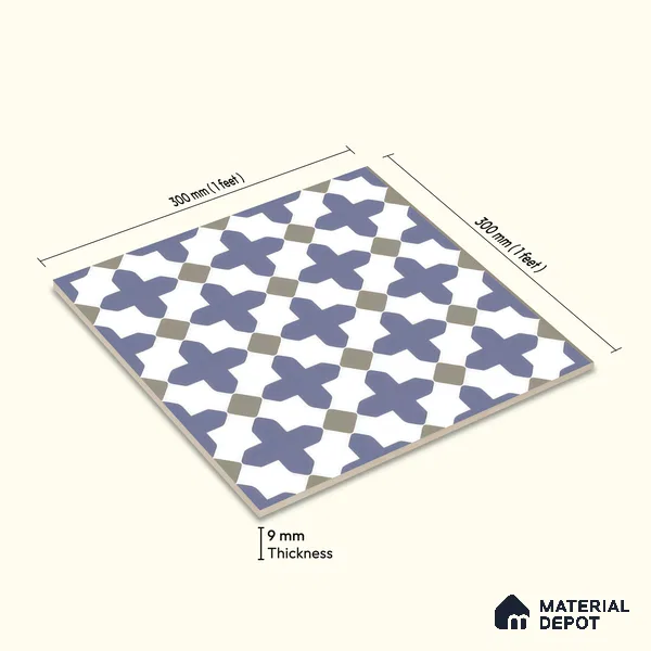 Moroccan Wall & Floor Tile TL 00247 Blue 1 ft x 1 ft Matte Finish Ceramic Tile - 9 mm | Suitable For Kitchen, Bathroom, Dining Area | Please Expect a Slight Variation of Pattern