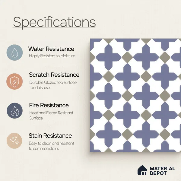 Moroccan Wall & Floor Tile TL 00247 Blue 1 ft x 1 ft Matte Finish Ceramic Tile - 9 mm | Suitable For Kitchen, Bathroom, Dining Area | Please Expect a Slight Variation of Pattern