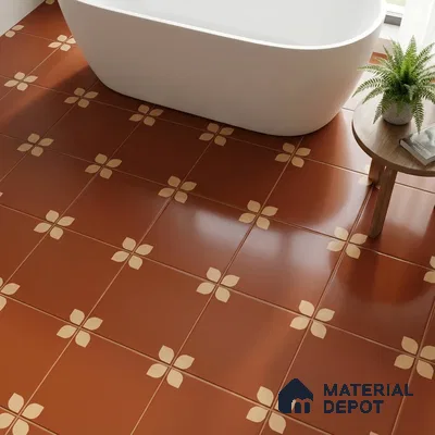 Modern bathroom with beige vertical subway wall tiles, terracotta geometric shower tiles, and rattan vanity in 3 BHK apartment Brigade Northridge Yelahanka Bengaluru