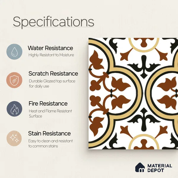 Moroccan Wall & Floor Tile TL 00249 Yellow & Brown 1 ft x 1 ft Matte Finish Ceramic Tile - 9 mm | Suitable For Kitchen, Bathroom, Dining Area | Please Expect a Slight Variation of Pattern