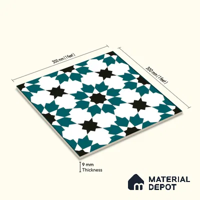 Moroccan Wall & Floor Tile TL 00250 Green 1 ft x 1 ft Matte Finish Ceramic Tile - 9 mm | Suitable For Kitchen, Bathroom, Dining Area | Please Expect a Slight Variation of Pattern