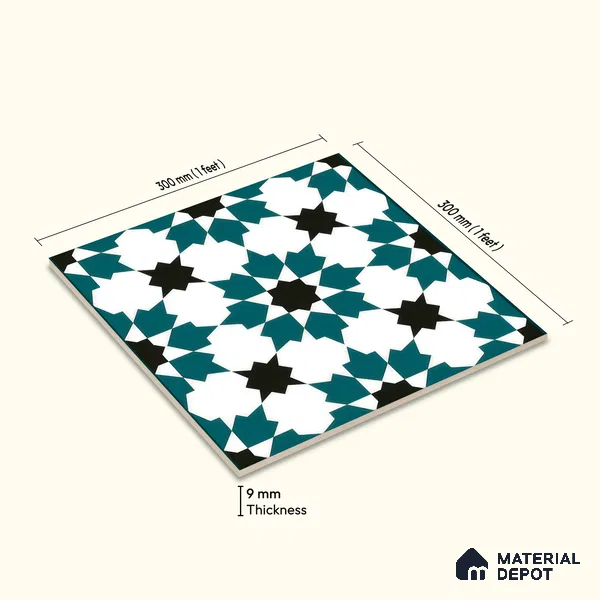 Moroccan Wall & Floor Tile TL 00250 Green 1 ft x 1 ft Matte Finish Ceramic Tile - 9 mm | Suitable For Kitchen, Bathroom, Dining Area | Please Expect a Slight Variation of Pattern