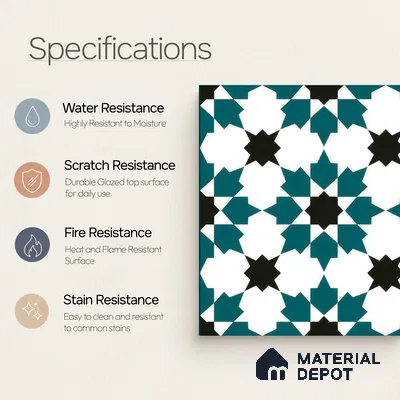Moroccan Wall & Floor Tile TL 00250 Green 1 ft x 1 ft Matte Finish Ceramic Tile - 9 mm | Suitable For Kitchen, Bathroom, Dining Area | Please Expect a Slight Variation of Pattern