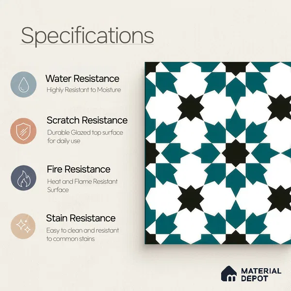 Moroccan Wall & Floor Tile TL 00250 Green 1 ft x 1 ft Matte Finish Ceramic Tile - 9 mm | Suitable For Kitchen, Bathroom, Dining Area | Please Expect a Slight Variation of Pattern