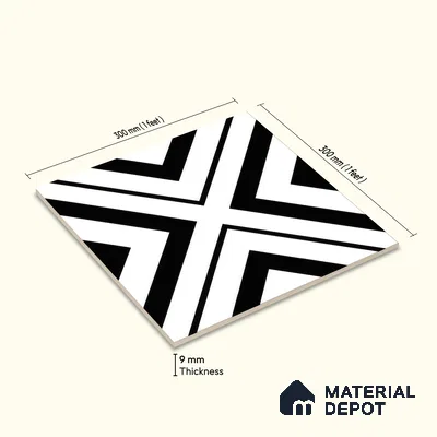 Moroccan Floor & Wall Tile TL 00252 Monochrome Cross 1 ft x 1 ft Matte Finish Ceramic Tile - 9 mm | Suitable For Kitchen, Bathroom, Dining Area | Please Expect a Slight Variation of Pattern