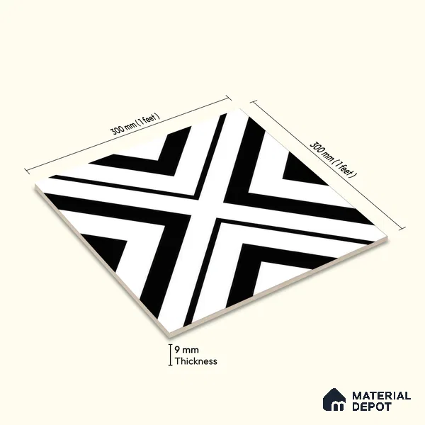 Moroccan Floor & Wall Tile TL 00252 Monochrome Cross 1 ft x 1 ft Matte Finish Ceramic Tile - 9 mm | Suitable For Kitchen, Bathroom, Dining Area | Please Expect a Slight Variation of Pattern