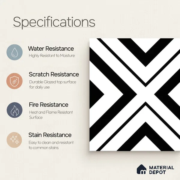Moroccan Floor & Wall Tile TL 00252 Monochrome Cross 1 ft x 1 ft Matte Finish Ceramic Tile - 9 mm | Suitable For Kitchen, Bathroom, Dining Area | Please Expect a Slight Variation of Pattern