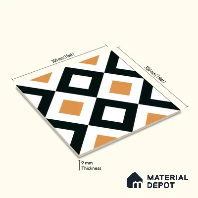 Moroccan Floor & Wall Tile TL 00253 Noir Yellow 1 ft x 1 ft Matte Finish Ceramic Tile - 9 mm | Suitable For Kitchen, Bathroom, Dining Area | Please Expect a Slight Variation of Pattern