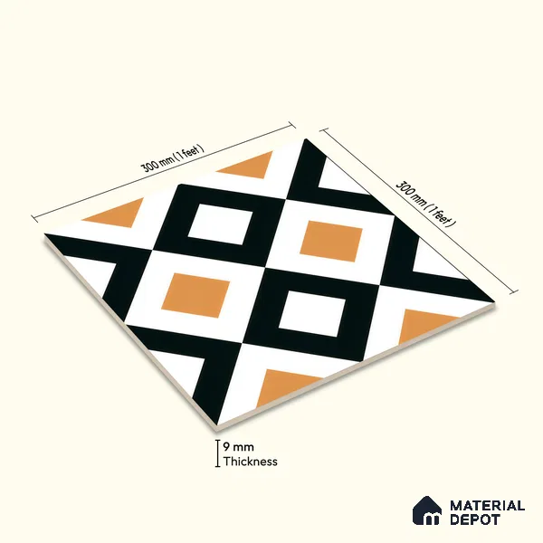 Moroccan Floor & Wall Tile TL 00253 Noir Yellow 1 ft x 1 ft Matte Finish Ceramic Tile - 9 mm | Suitable For Kitchen, Bathroom, Dining Area | Please Expect a Slight Variation of Pattern