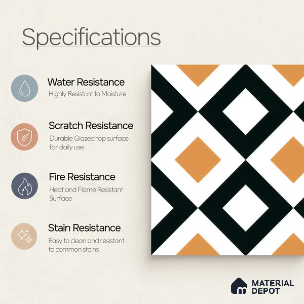 Moroccan Floor & Wall Tile TL 00253 Noir Yellow 1 ft x 1 ft Matte Finish Ceramic Tile - 9 mm | Suitable For Kitchen, Bathroom, Dining Area | Please Expect a Slight Variation of Pattern