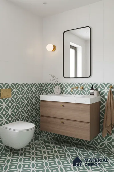 Moroccan Floor & Wall Tile TL 00254 Floral Green 1 ft x 1 ft Matte Finish Ceramic Tile - 9 mm | Suitable For Kitchen, Bathroom, Dining Area | Please Expect a Slight Variation of Pattern