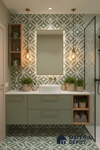 Moroccan Floor & Wall Tile TL 00254 Floral Green 1 ft x 1 ft Matte Finish Ceramic Tile - 9 mm | Suitable For Kitchen, Bathroom, Dining Area | Please Expect a Slight Variation of Pattern