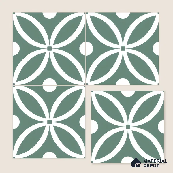 Moroccan Floor & Wall Tile TL 00254 Floral Green 1 ft x 1 ft Matte Finish Ceramic Tile - 9 mm | Suitable For Kitchen, Bathroom, Dining Area | Please Expect a Slight Variation of Pattern