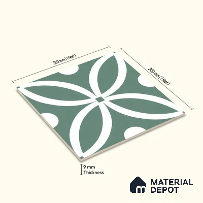 Moroccan Floor & Wall Tile TL 00254 Floral Green 1 ft x 1 ft Matte Finish Ceramic Tile - 9 mm | Suitable For Kitchen, Bathroom, Dining Area | Please Expect a Slight Variation of Pattern