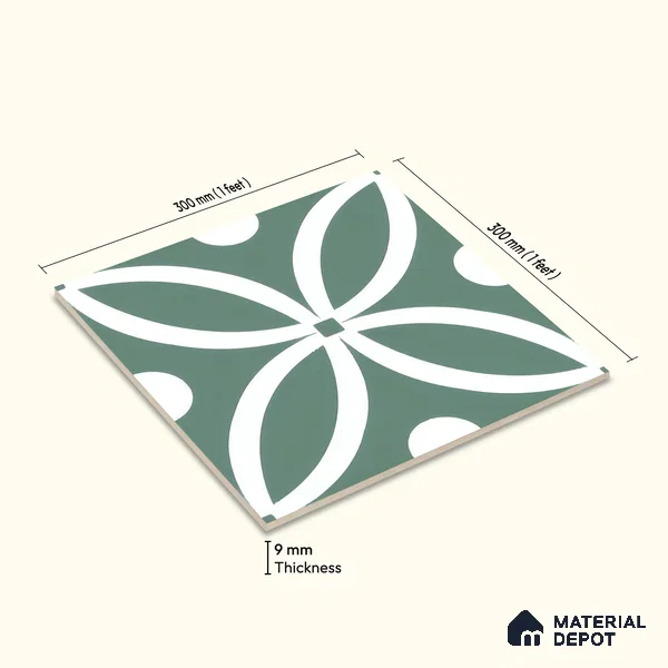 Moroccan Floor & Wall Tile TL 00254 Floral Green 1 ft x 1 ft Matte Finish Ceramic Tile - 9 mm | Suitable For Kitchen, Bathroom, Dining Area | Please Expect a Slight Variation of Pattern