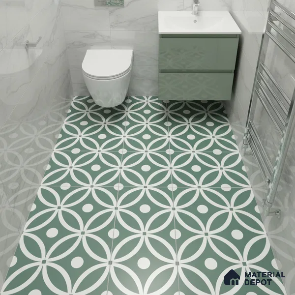 Moroccan Floor & Wall Tile TL 00254 Floral Green 1 ft x 1 ft Matte Finish Ceramic Tile - 9 mm | Suitable For Kitchen, Bathroom, Dining Area | Please Expect a Slight Variation of Pattern