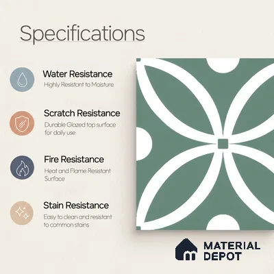 Moroccan Floor & Wall Tile TL 00254 Floral Green 1 ft x 1 ft Matte Finish Ceramic Tile - 9 mm | Suitable For Kitchen, Bathroom, Dining Area | Please Expect a Slight Variation of Pattern
