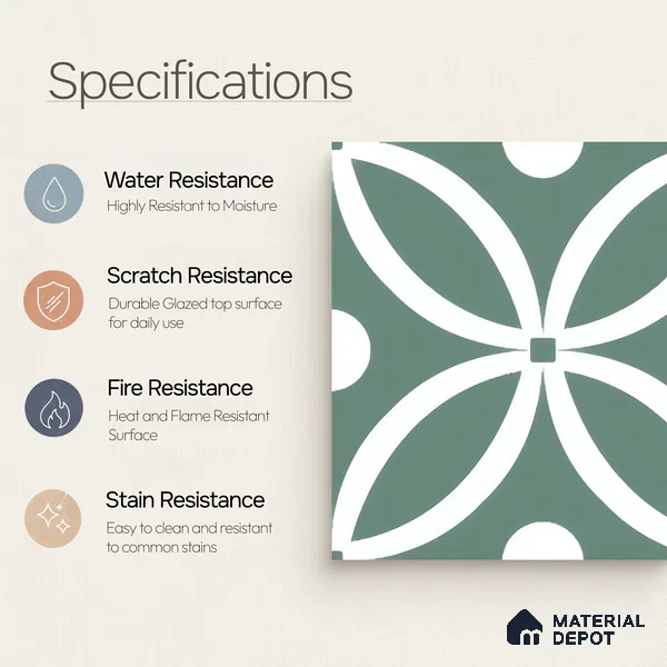 Moroccan Floor & Wall Tile TL 00254 Floral Green 1 ft x 1 ft Matte Finish Ceramic Tile - 9 mm | Suitable For Kitchen, Bathroom, Dining Area | Please Expect a Slight Variation of Pattern