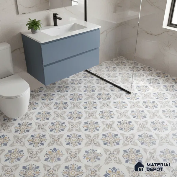 Moroccan Wall & Floor Tile TL 00295 Orange & Blue Matte Finish 1 ft x 1 ft Glazed Vitrified Tile - 12 mm | Suitable For Bathroom, Kitchen, Living Area | Please Expect a Slight Variation of Pattern