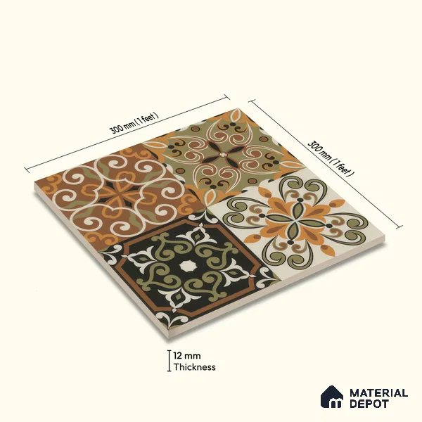 Moroccan Wall & Floor Tile TL 00299 Orange & Brown Matte Finish 1 ft x 1 ft Glazed Vitrified Tile - 12 mm | Suitable For Bathroom, Kitchen, Accent/Feature Wall | Please Expect a Slight Variation of Pattern