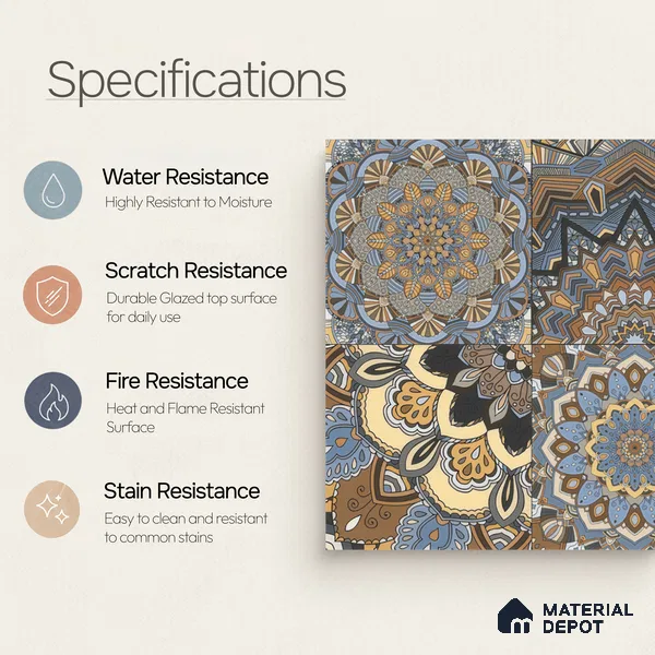 Moroccan Wall & Floor Tile TL 00303 Brown & Blue Matte Finish 1 ft x 1 ft Glazed Vitrified Tile - 12 mm | Suitable For Bathroom, Kitchen, Accent/Feature Wall | Please Expect a Slight Variation of Pattern