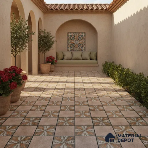 Parking Floor Tile TL 00417 Floral Brown 16 x 16 inch Vitrified Anti Skid Matte Finish Heavy Duty Tile - 12 mm | Suitable For Balcony, Terrace, Pathways | Pattern Alignment May Vary | 2-3 mm Spacer is Mandatory