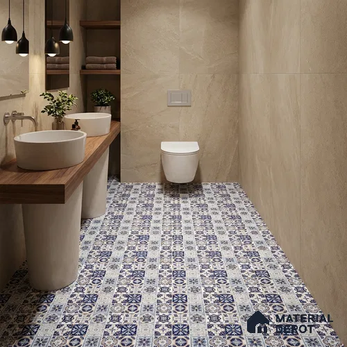 Parking Floor Tile TL 00422 Floral Blue 16 x 16 inch Vitrified Anti Skid Matte Finish Heavy Duty Tile - 12 mm | Suitable For Balcony, Terrace, Pathways | Pattern Alignment May Vary | 2-3 mm Spacer is Mandatory