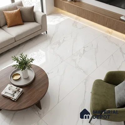 Marble Statuario Wall & Floor Tile TL 00817 Off-White 4 ft x 2 ft Glossy Finish Vitrified Tile - 9 mm | Random Designs | Suitable For Living Room, Bedroom, Dining
