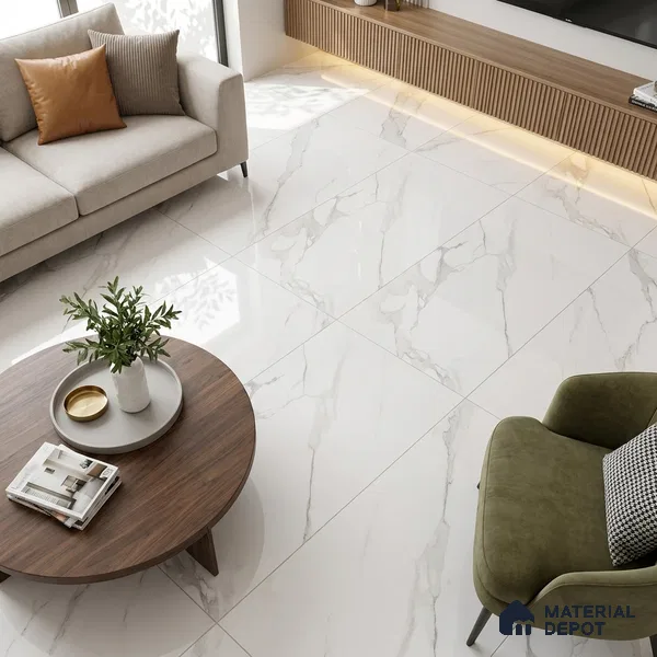 Marble Statuario Wall & Floor Tile TL 00817 Off-White 4 ft x 2 ft Glossy Finish Vitrified Tile - 9 mm | Random Designs | Suitable For Living Room, Bedroom, Dining