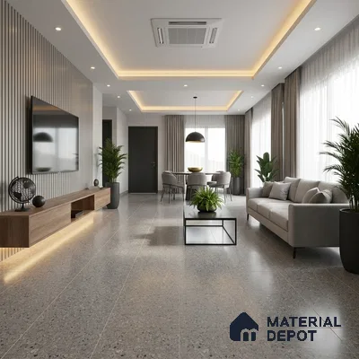 Terrazzo Floor & Wall Tile | TL 00848 Devon Gris | 4 ft x 2 ft Random Face Matte Finish Tile - 9 mm | Suitable For Living Room, Bedroom, Bathroom | Random Designs