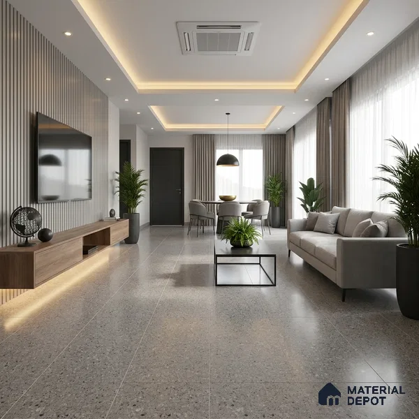 Terrazzo Floor & Wall Tile | TL 00848 Devon Gris | 4 ft x 2 ft Random Face Matte Finish Tile - 9 mm | Suitable For Living Room, Bedroom, Bathroom | Random Designs