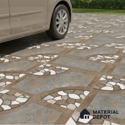 Parking Floor Tile TL 00870 B Grey & Brown | 16 x 16 inch | Anti Skid Matte Finish Heavy Duty Vitrified Tile - 12 mm | Suitable For Outdoor, Terrace, Balcony | Pattern Alignment May Vary | 2-3 mm Spacer is Mandatory