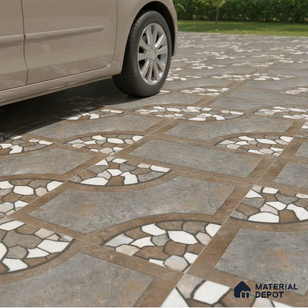 Parking Floor Tile TL 00870 B Grey & Brown | 16 x 16 inch | Anti Skid Matte Finish Heavy Duty Vitrified Tile - 12 mm | Suitable For Outdoor, Terrace, Balcony | Pattern Alignment May Vary | 2-3 mm Spacer is Mandatory