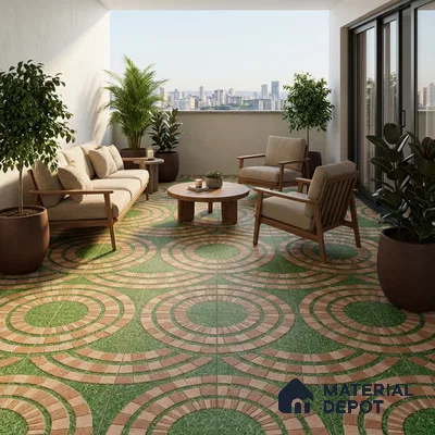 Parking Floor Tile TL 00870 A Green & Brown | 16 x 16 inch | Anti Skid Matte Finish Heavy Duty Vitrified Tile - 12 mm | Suitable For Outdoor, Terrace, Balcony | Pattern Alignment May Vary | 2-3 mm Spacer is Mandatory