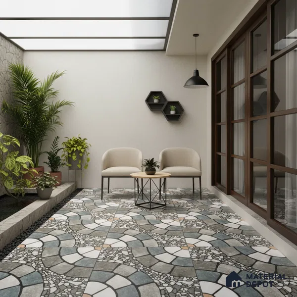 Parking Floor Tile TL 00877 A White & Grey | 16 x 16 inch | Anti Skid Matte Finish Heavy Duty Vitrified Tile - 12 mm | Suitable For Outdoor, Terrace, Balcony | Pattern Alignment May Vary | 2-3 mm Spacer is Mandatory