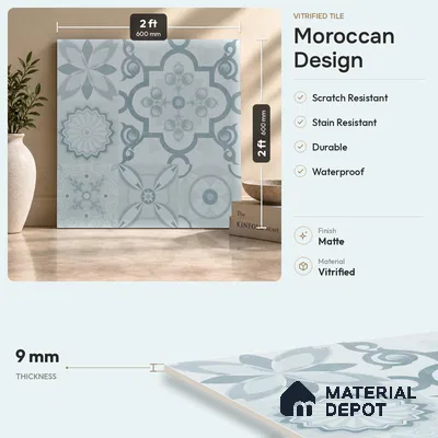 Moroccan Wall & Floor Tile TL 00900 Frazle 2 ft x 2 ft Matte Finish Vitrified Tile - 9 mm | Please Expect a Slight Variation of Pattern | Suitable For Balcony, Kitchen & Dining Area | Random Designs