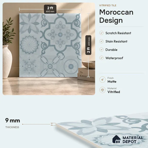Moroccan Wall & Floor Tile TL 00900 Frazle 2 ft x 2 ft Matte Finish Vitrified Tile - 9 mm | Please Expect a Slight Variation of Pattern | Suitable For Balcony, Kitchen & Dining Area | Random Designs