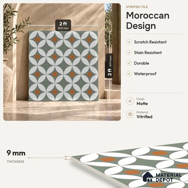 Moroccan Wall & Floor Tile TL 00909 Drift 2 ft x 2 ft Matte Finish Vitrified Tile - 9 mm | Please Expect a Slight Variation of Pattern | Suitable For Kitchen, Foyer, Dining Area | Random Designs
