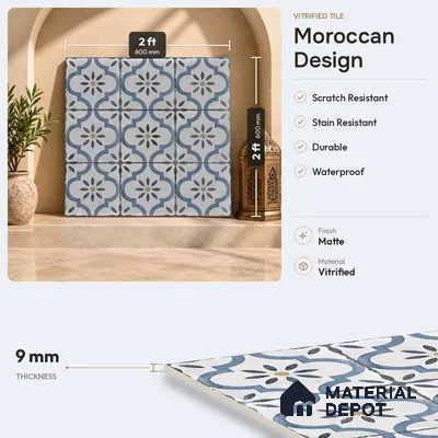Moroccan Wall & Floor Tile TL 00910 Duster 2 ft x 2 ft Matte Finish Vitrified Tile - 9 mm | Please Expect a Slight Variation of Pattern | Suitable For Kitchen, Foyer, Balcony | Random Designs