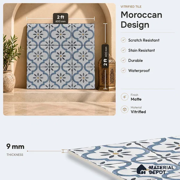 Moroccan Wall & Floor Tile TL 00910 Duster 2 ft x 2 ft Matte Finish Vitrified Tile - 9 mm | Please Expect a Slight Variation of Pattern | Suitable For Kitchen, Foyer, Balcony | Random Designs