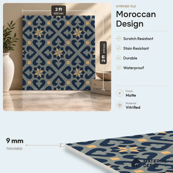 Moroccan Wall & Floor Tile TL 00911 Rangoli Green 2 ft x 2 ft Matte Finish Vitrified Tile | Please Expect a Slight Variation of Pattern | Suitable For Balcony, Kitchen, Dining Area