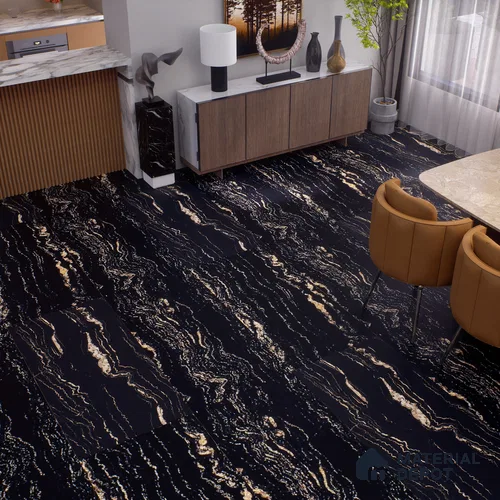 Marble Portoro Wall & Floor Tile TL 00920 Jet Black 4 ft x 2 ft Matte Finish Vitrified Tile - 9 mm | Suitable For Living Room, Bedroom, Kitchen