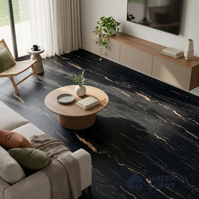 Marble Portoro Wall & Floor Tile TL 00920 Jet Black 4 ft x 2 ft Matte Finish Vitrified Tile - 9 mm | Suitable For Living Room, Bedroom, Kitchen