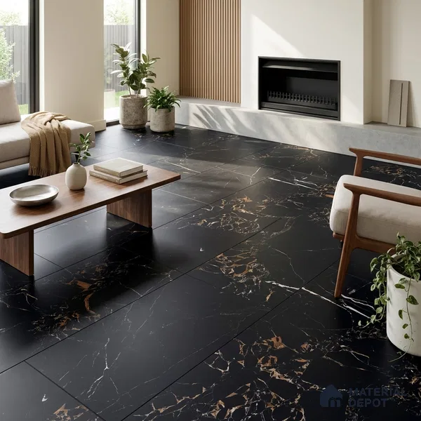 Marble Portoro Wall & Floor Tile TL 00923 Jet Black 4 ft x 2 ft Matte Finish Vitrified Tile - 9 mm | Suitable For Living Room, Bedroom, Kitchen