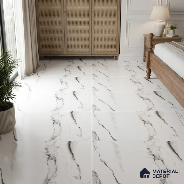 Marble Calacatta Wall & Floor Tile TL 00925 Off-White 4 ft x 2 ft Matte Finish Vitrified Tile - 9 mm | Suitable For Living Room, Bedroom, Kitchen