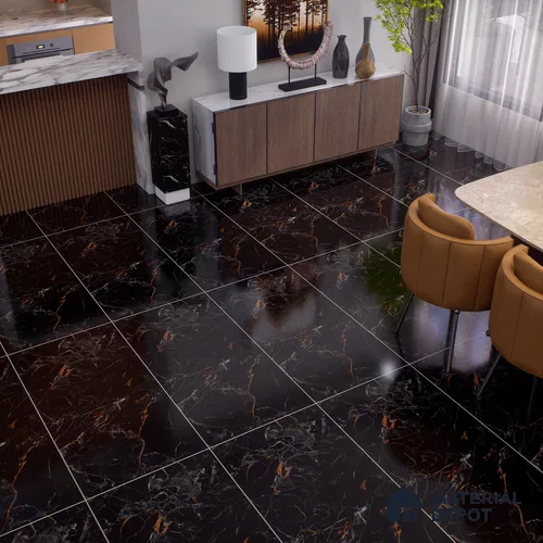 Marble Portoro Wall & Floor Tile TL 00951 Jet Black 4 ft x 2 ft High Gloss Finish Vitrified Tile - 9 mm | Suitable For Living Room, Bedroom, Dining