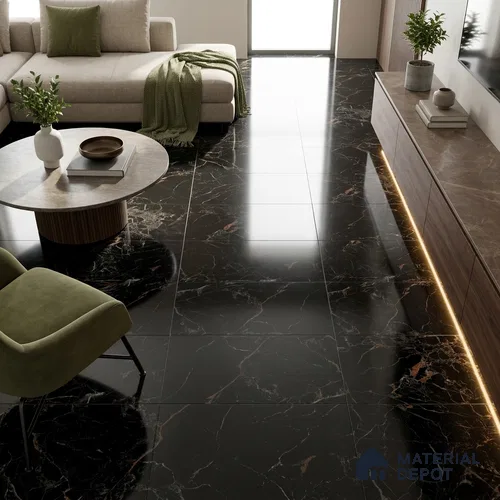 Marble Portoro Wall & Floor Tile TL 00951 Jet Black 4 ft x 2 ft High Gloss Finish Vitrified Tile - 9 mm | Suitable For Living Room, Bedroom, Dining