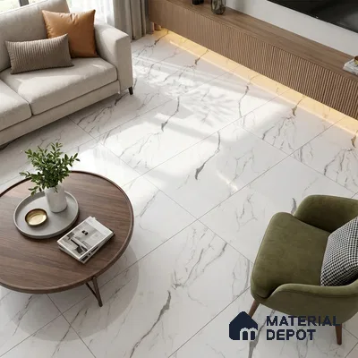 Marble Statuario Wall & Floor Tile TL 00960 Off-White 4 ft x 2 ft Glossy Finish Vitrified Tile - 9 mm | Suitable For Living Room, Bedroom, Dining