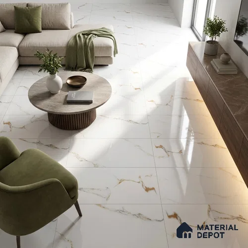 Marble Statuario Wall & Floor Tile TL 00963 Pure White 4 ft x 2 ft Glossy Finish Vitrified Tile - 9 mm | Suitable For Living Room, Bedroom, Dining