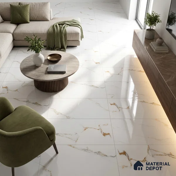 Marble Statuario Wall & Floor Tile TL 00963 Pure White 4 ft x 2 ft Glossy Finish Vitrified Tile - 9 mm | Suitable For Living Room, Bedroom, Dining